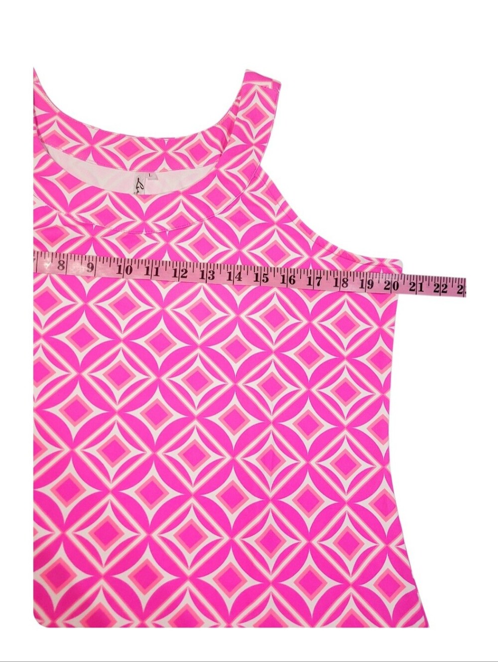 Lulu-B Women's SZ Large Pink Geometric Ruffle Hem Dress Stretch Coastal Grandma - Picture 6 of 10